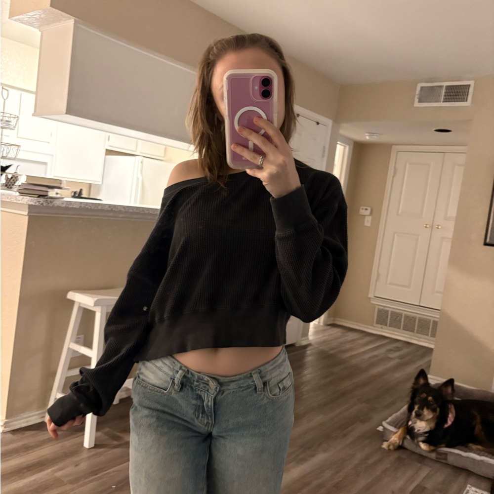 aerie offline knitted semi cropped oversized black/gray off the shoulder sweater